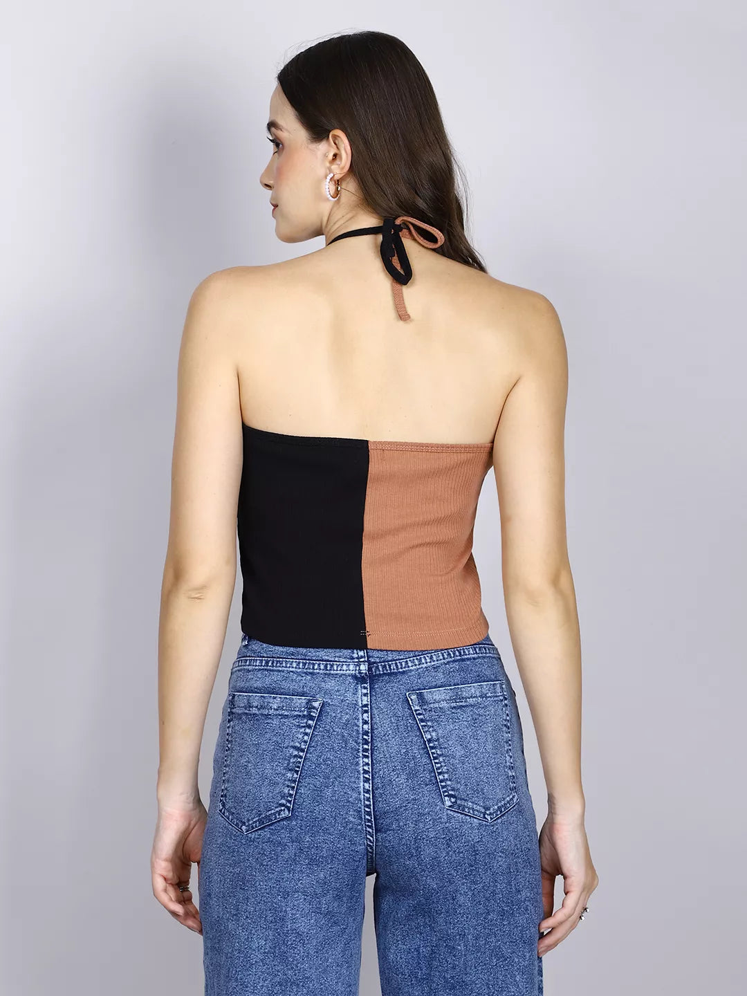 Brown And Black Rib Halter Neck Crop Top