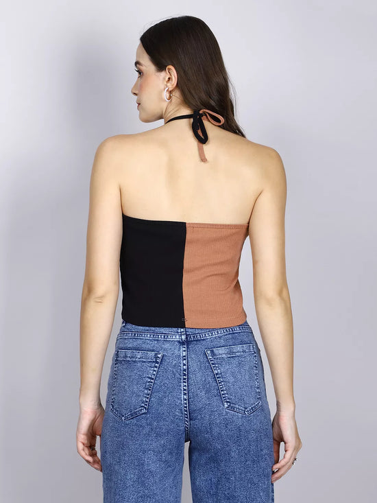 Brown And Black Rib Halter Neck Crop Top