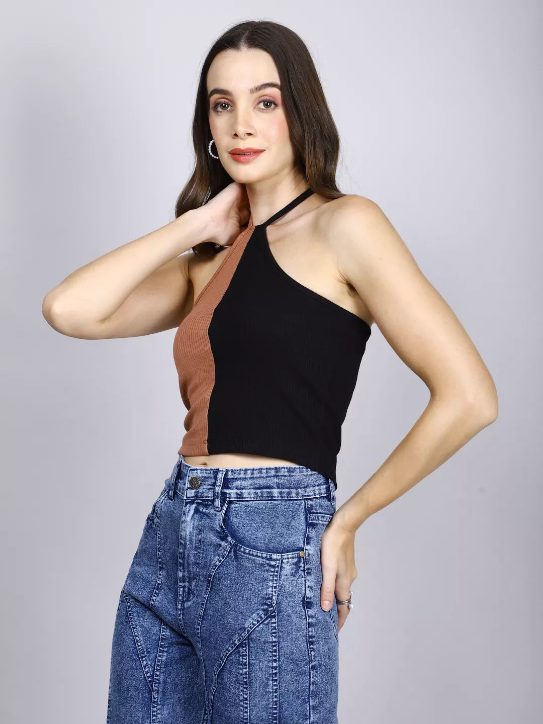 Brown And Black Rib Halter Neck Crop Top