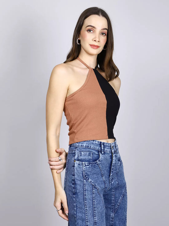 Brown And Black Rib Halter Neck Crop Top