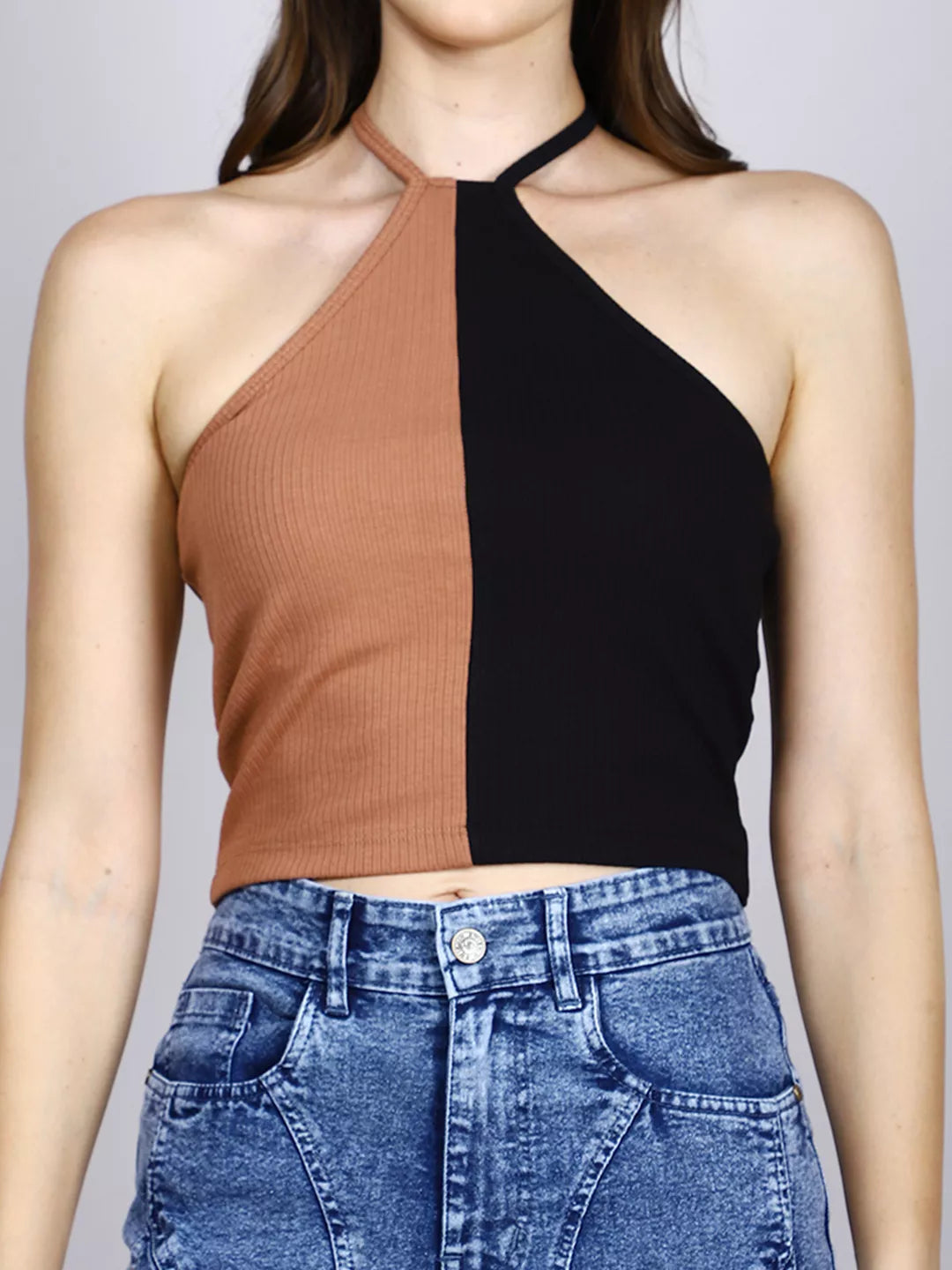 Brown And Black Rib Halter Neck Crop Top