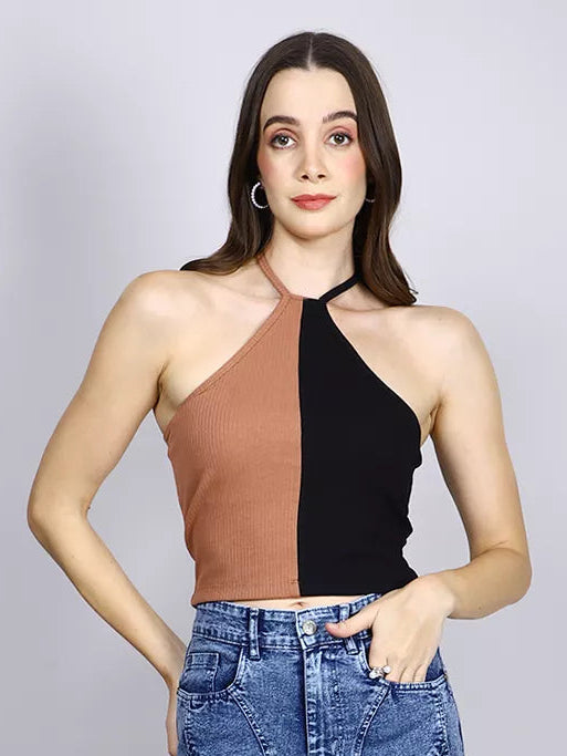 Brown And Black Rib Halter Neck Crop Top