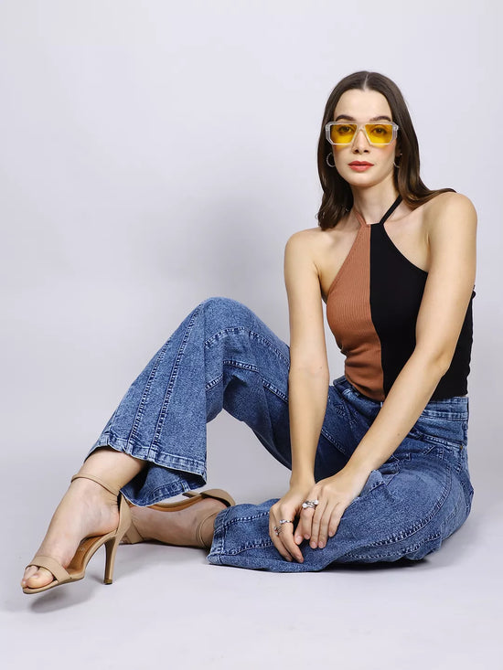 Brown And Black Rib Halter Neck Crop Top