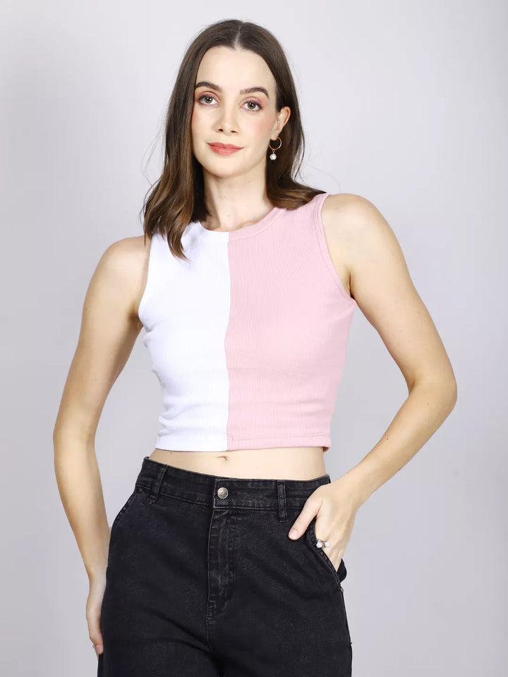 Pink And White Color Block Tank Top