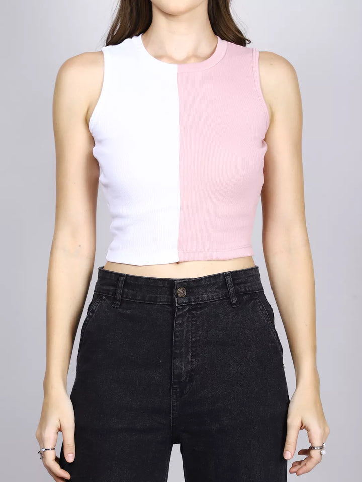 Pink And White Color Block Tank Top