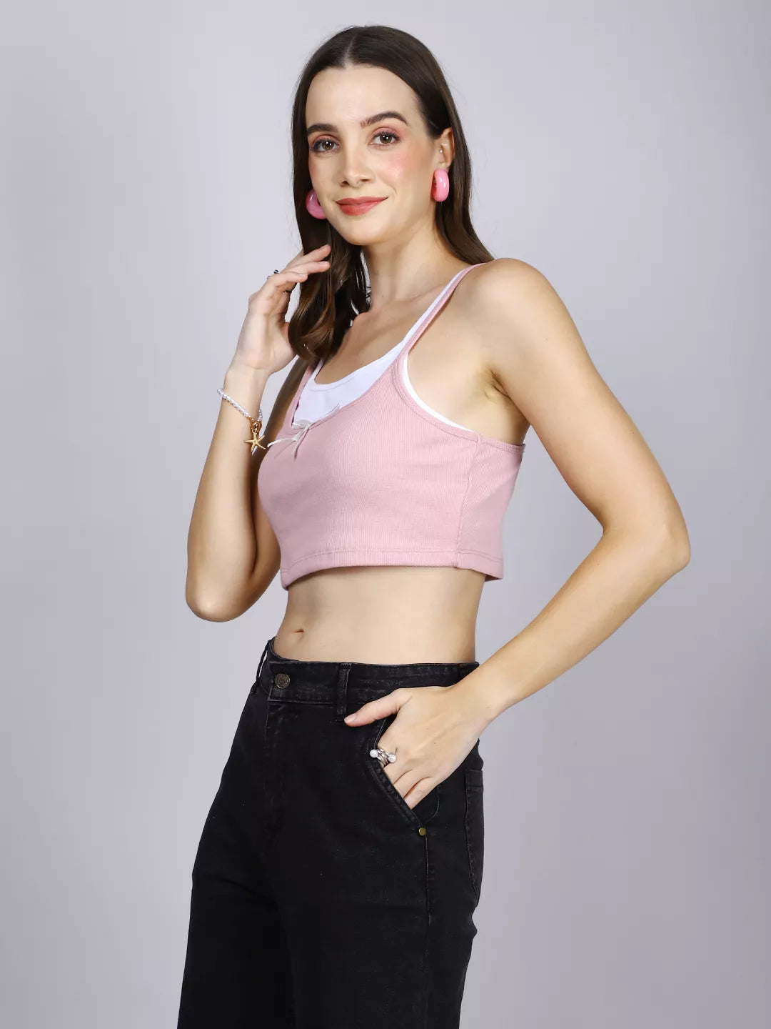 Pink And White Double Strap Crop Top