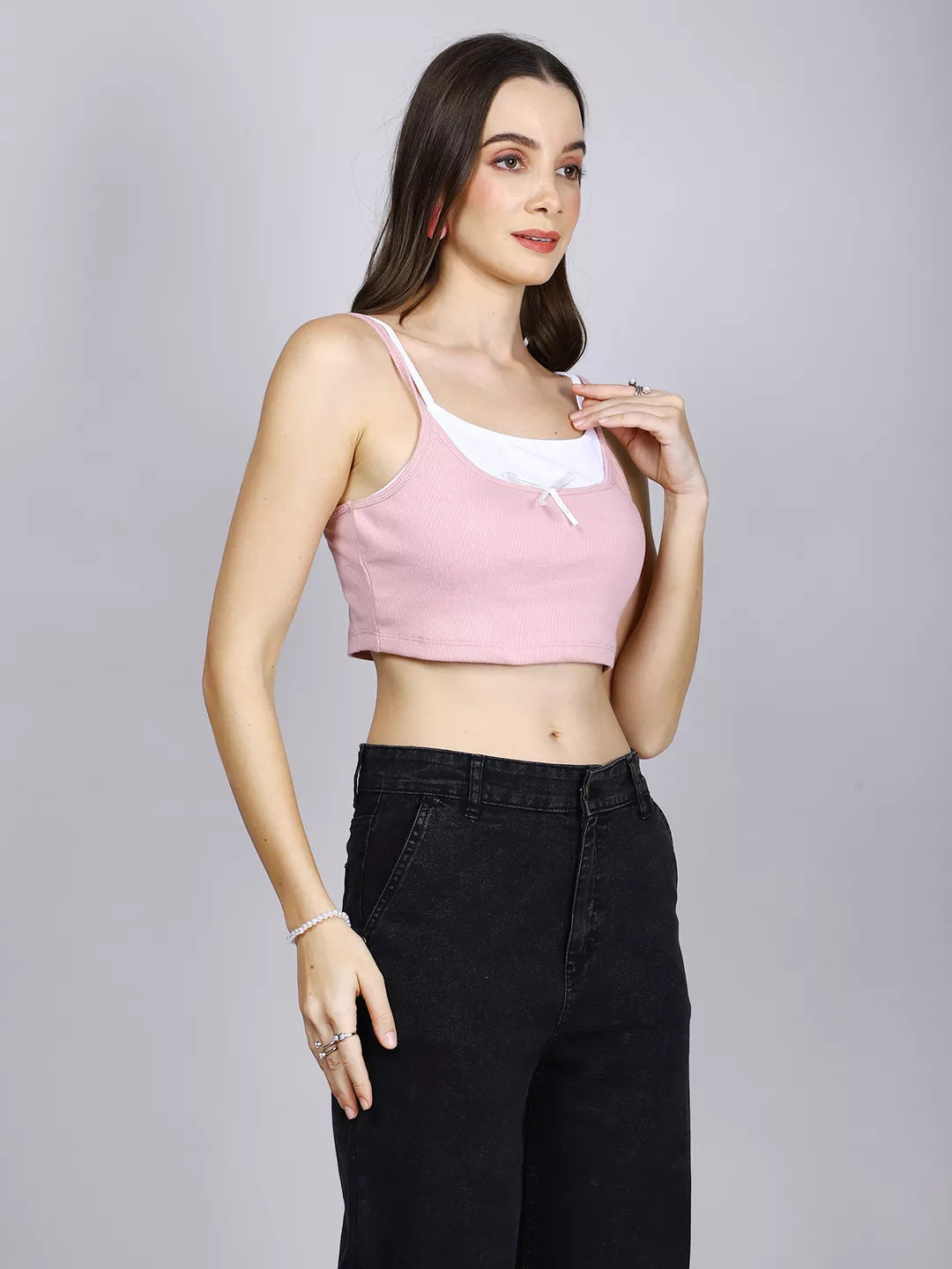 Pink And White Double Strap Crop Top