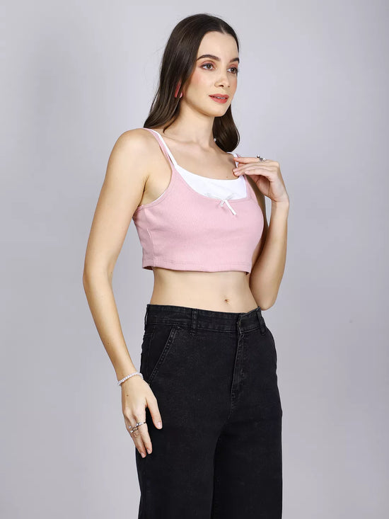 Pink And White Double Strap Crop Top