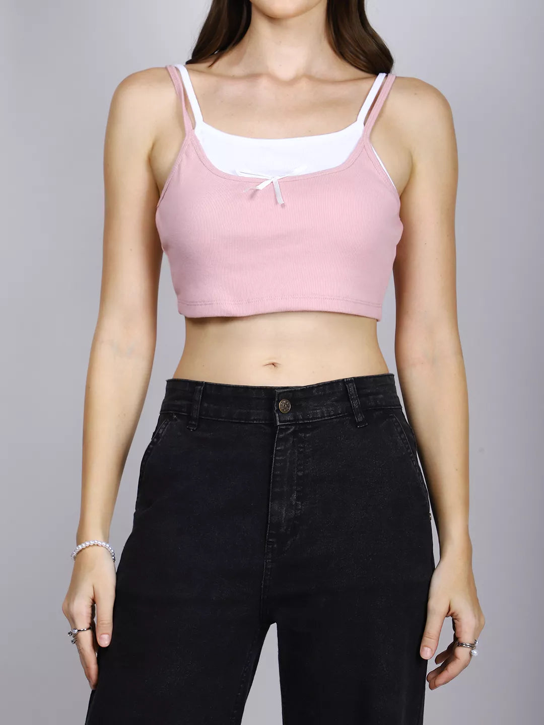 Pink And White Double Strap Crop Top