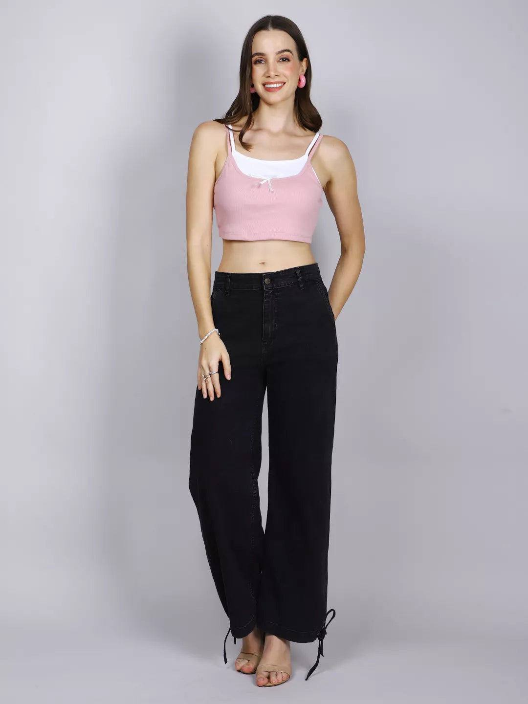 Pink And White Double Strap Crop Top