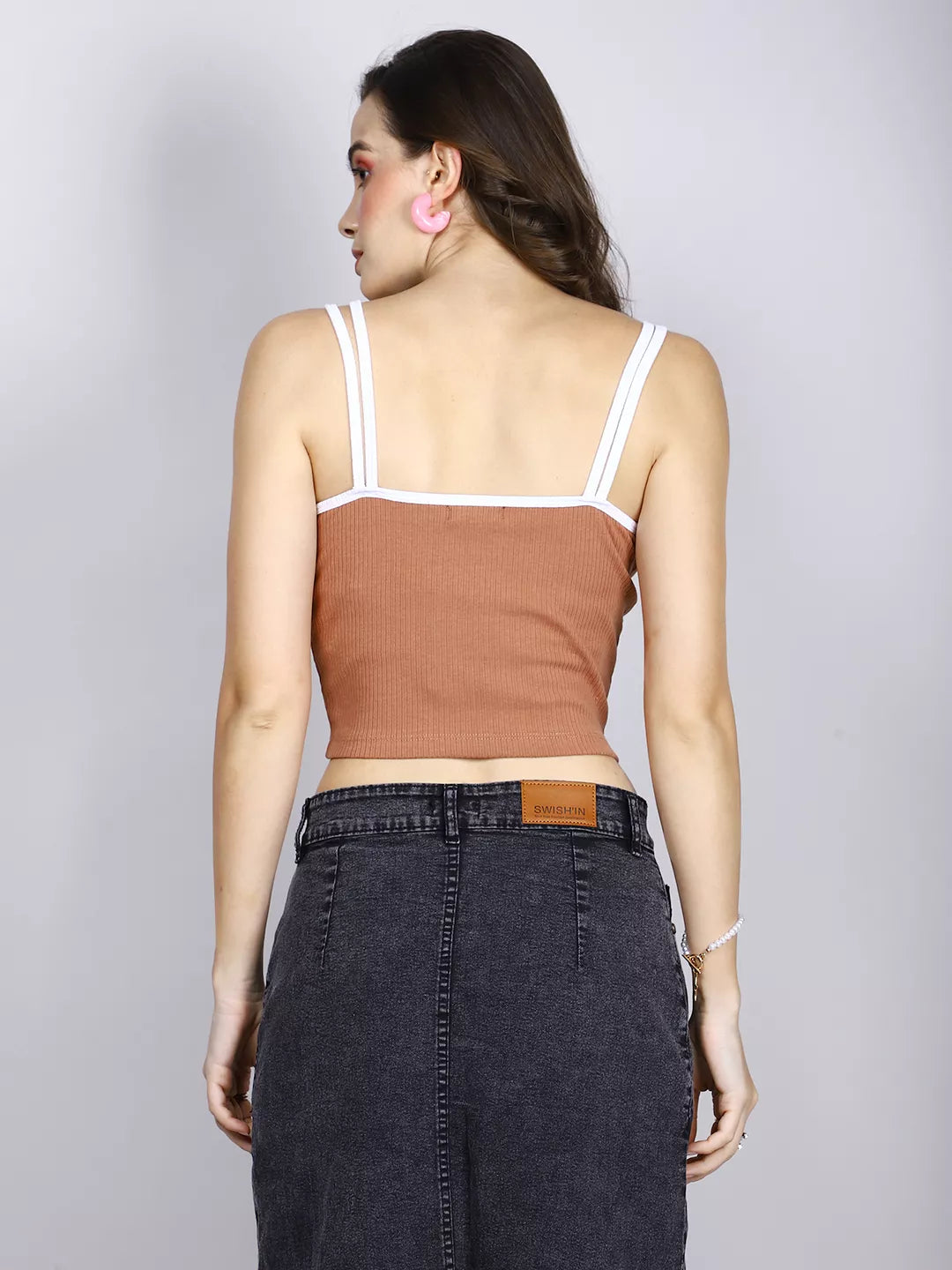 Brown And White Rib Tank Top