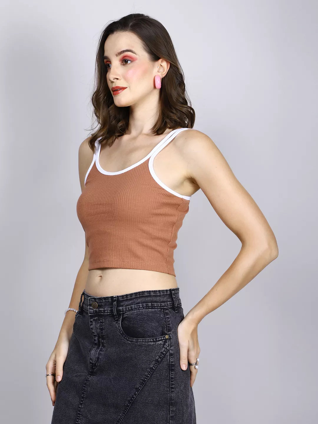 Brown And White Rib Tank Top