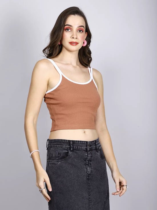 Brown And White Rib Tank Top