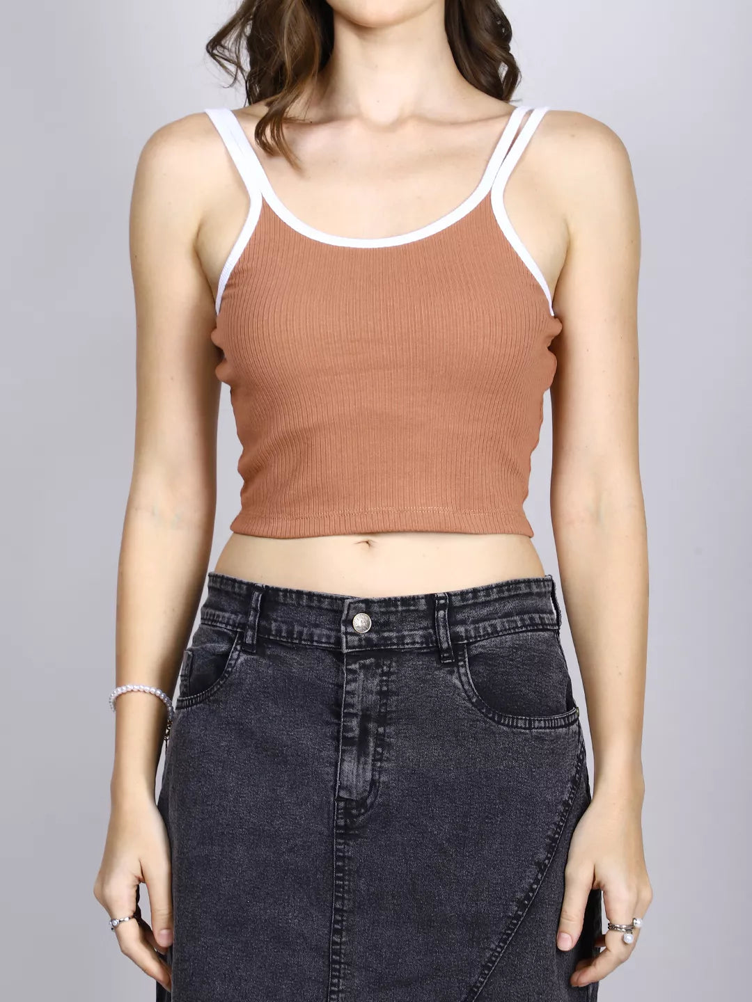 Brown And White Rib Tank Top