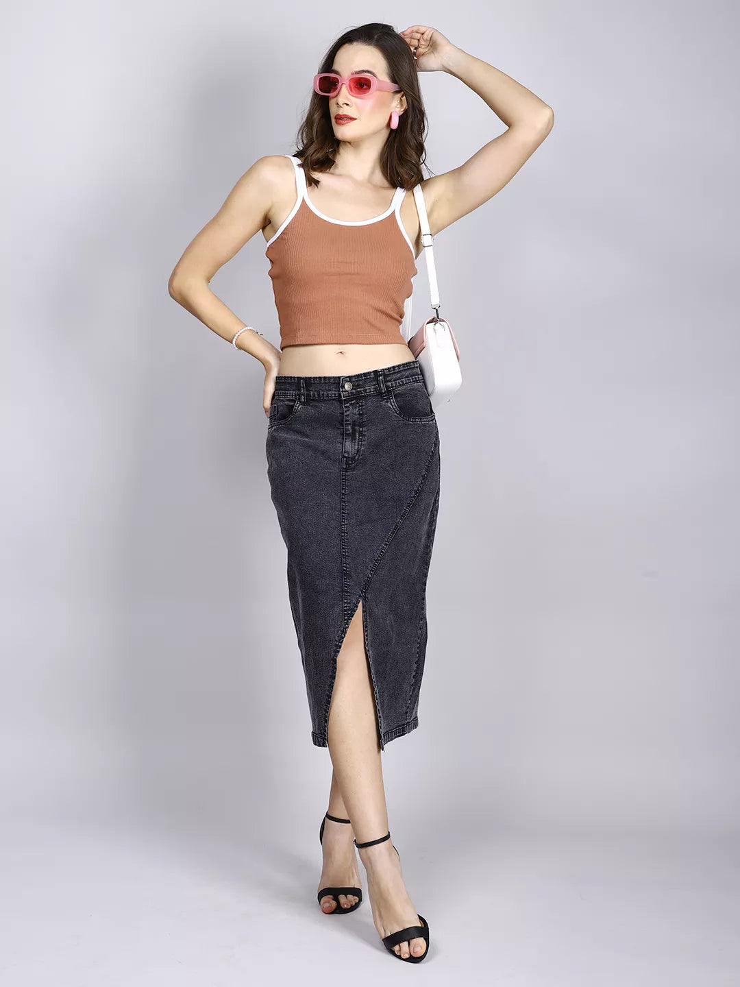 Brown And White Rib Tank Top