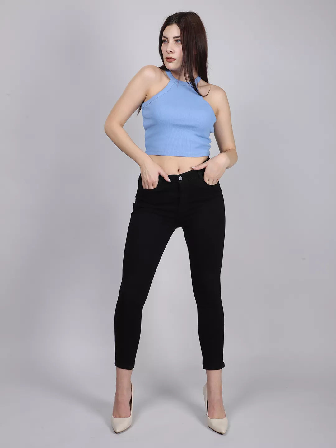 Blue Halter Neck Rib Top
