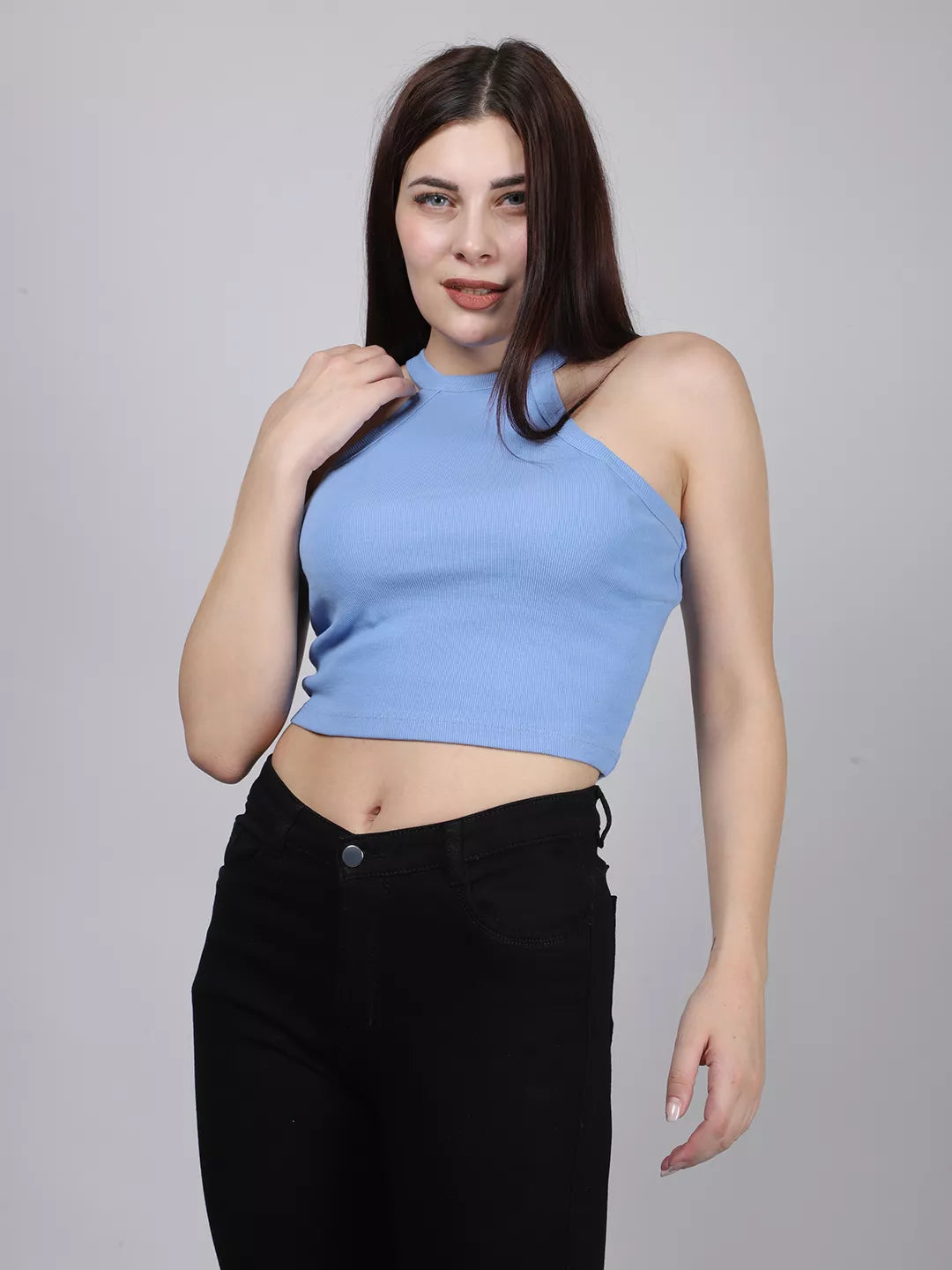 Blue Halter Neck Rib Top