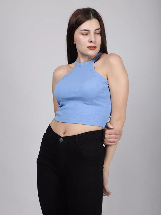 Blue Halter Neck Rib Top