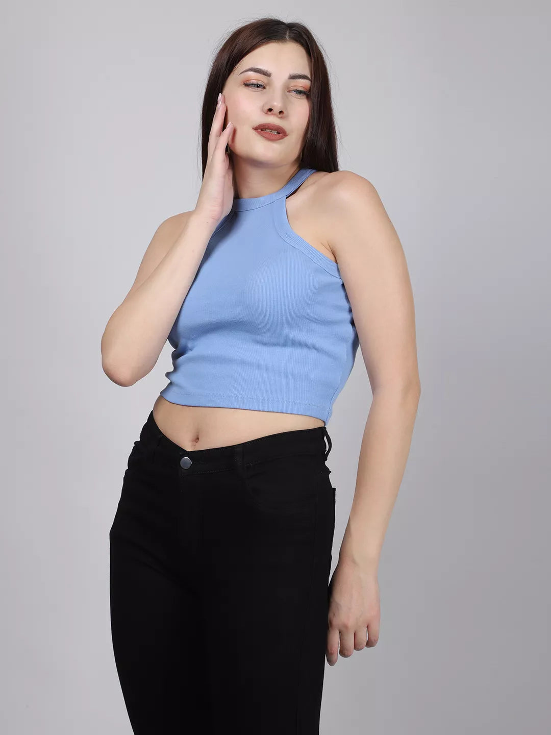 Blue Halter Neck Rib Top