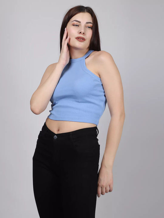 Blue Halter Neck Rib Top