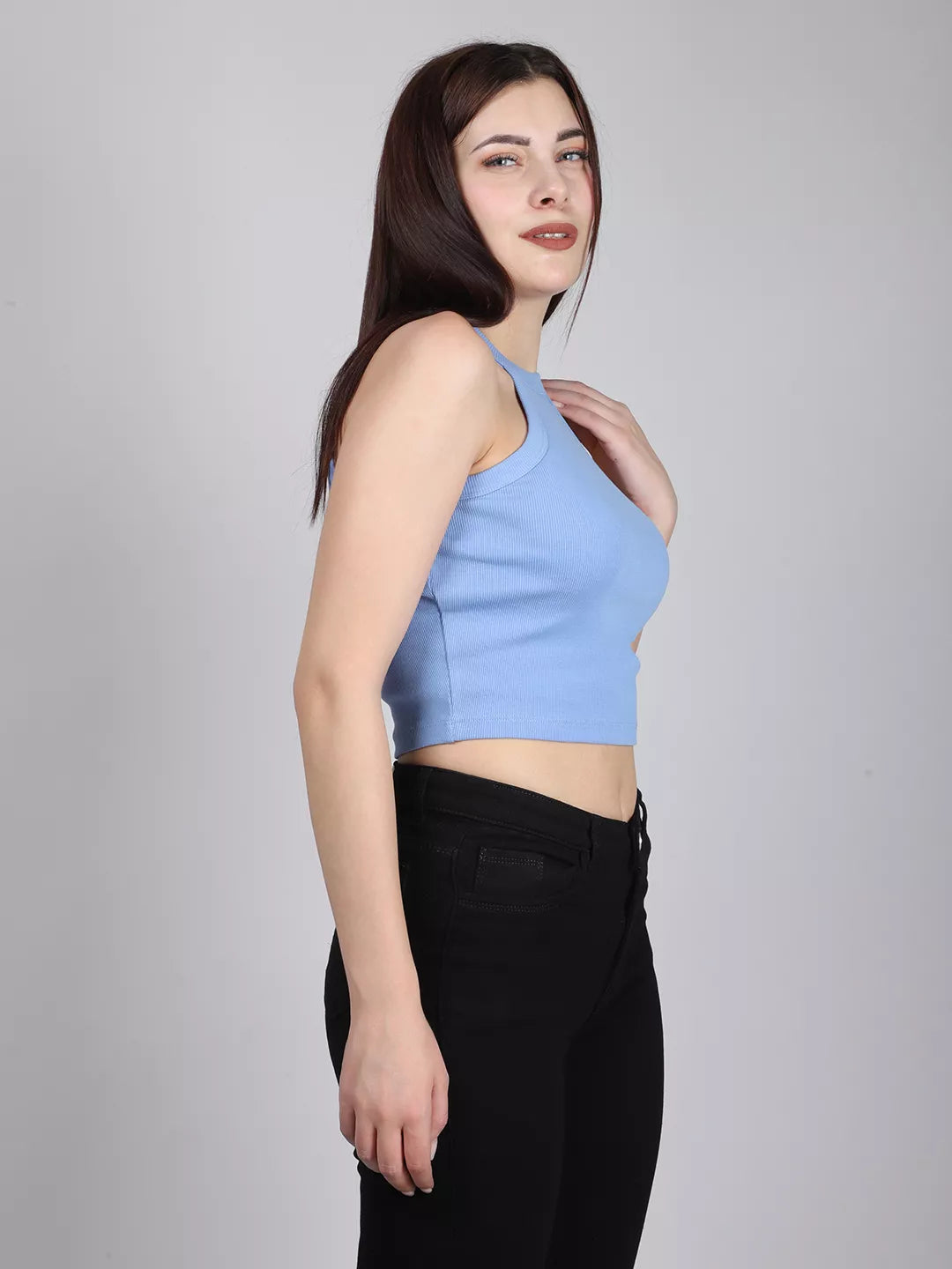 Blue Halter Neck Rib Top