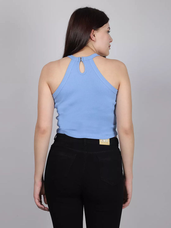 Blue Halter Neck Rib Top