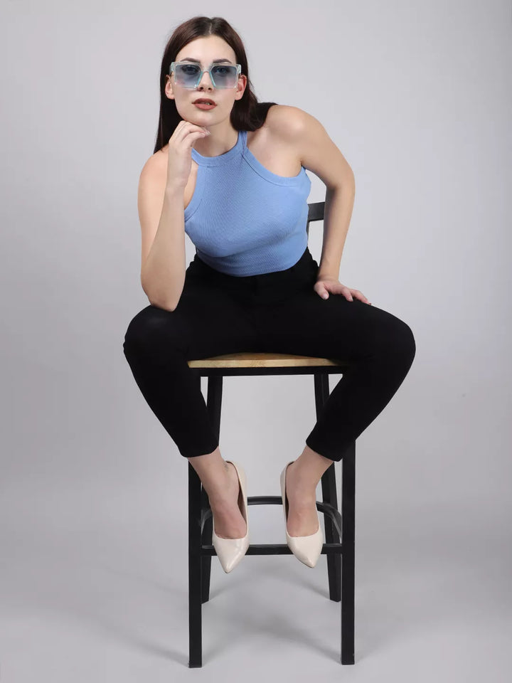 Blue Halter Neck Rib Top