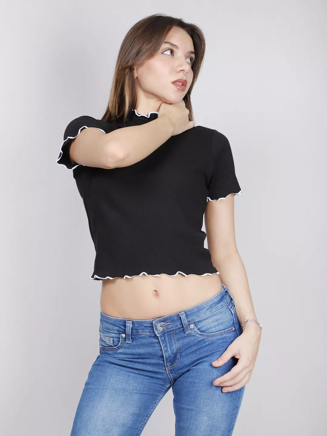 Black Half Sleeve Rib Crop Top