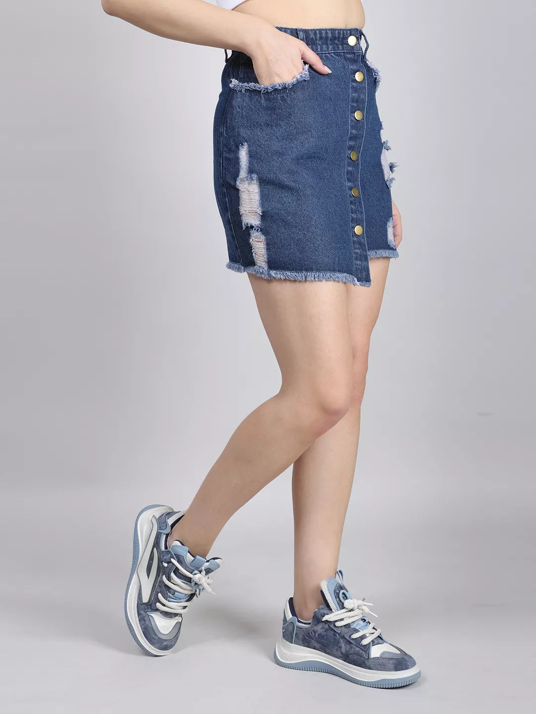 Front Button Rugged Blue Mini Skirt