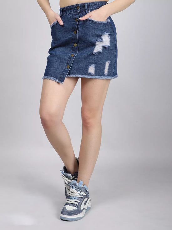 Front Button Rugged Blue Mini Skirt