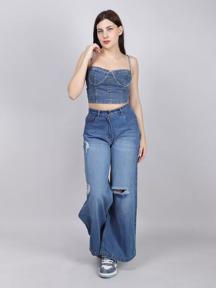 Rhinestone Embellished Denim Corset