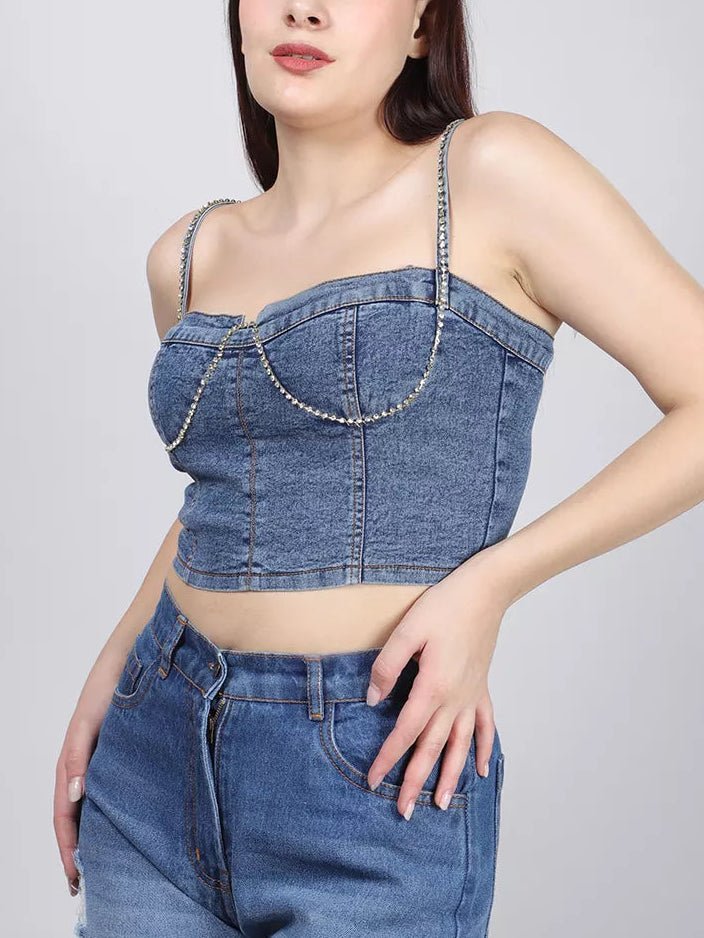 Rhinestone Embellished Denim Corset
