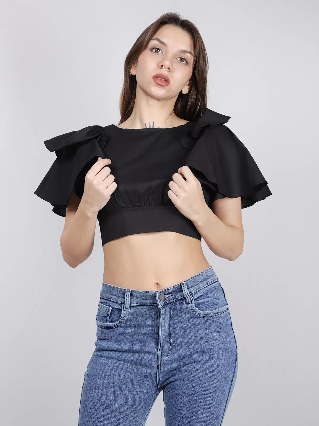 Black Back Cut-Out Cotton Top