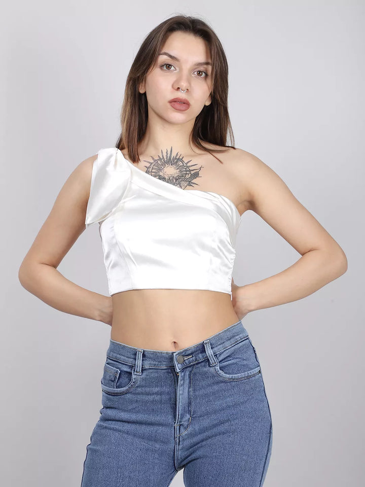 White Satin One Shoulder Top