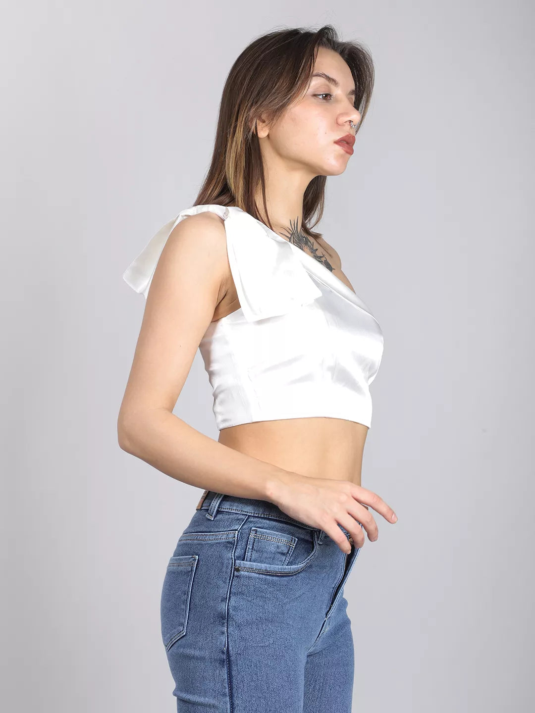 White Satin One Shoulder Top