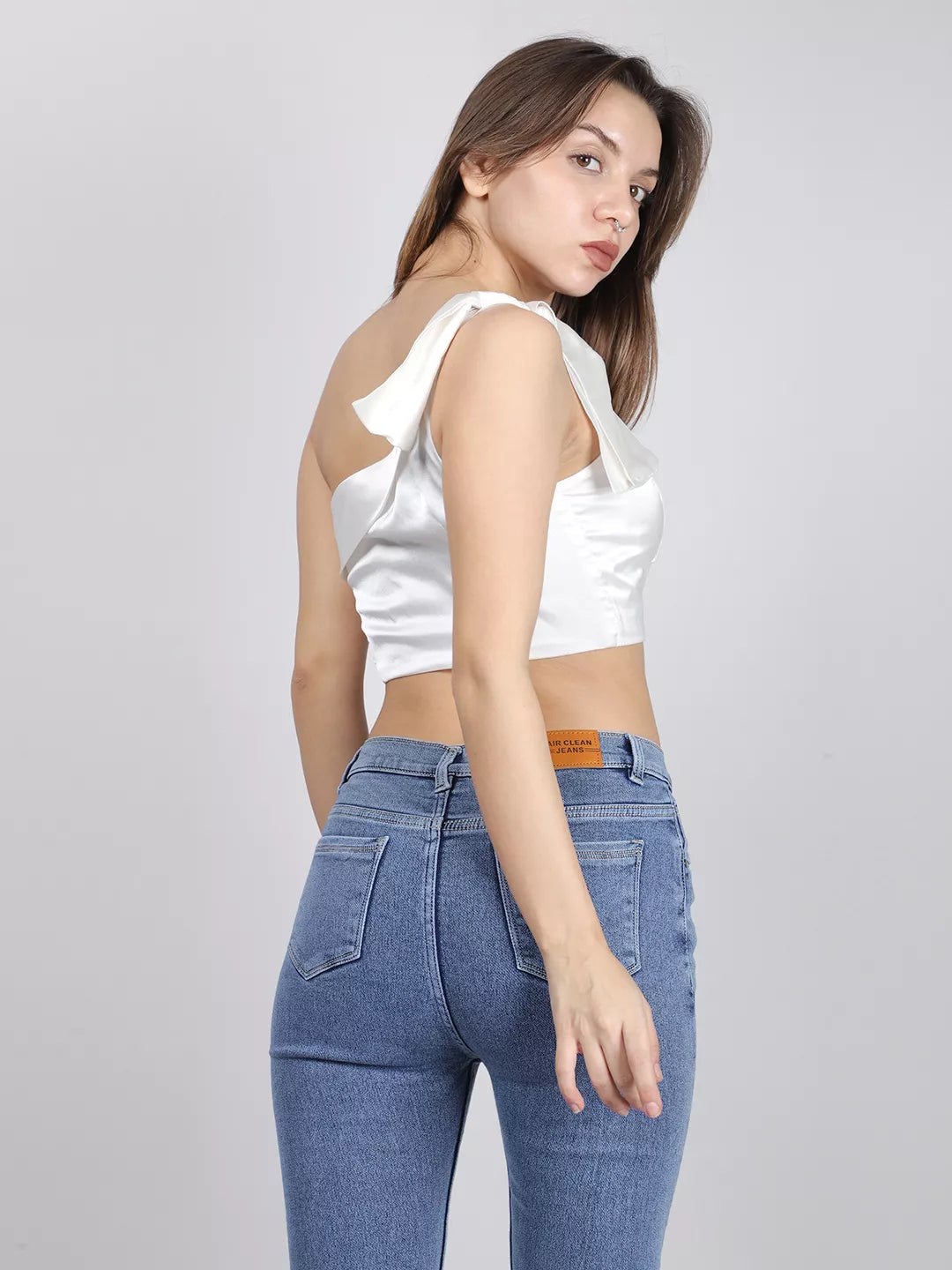 White Satin One Shoulder Top