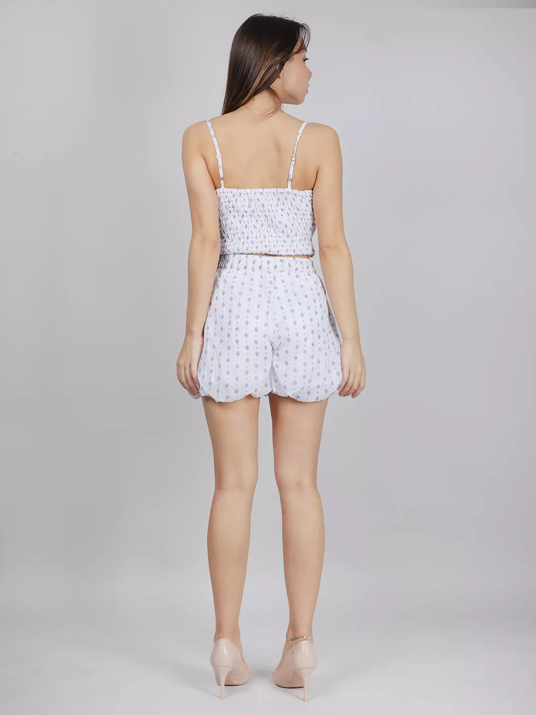 White Printed Top With Baloon Short Cord-Set