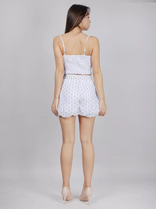 White Printed Top With Baloon Short Cord-Set
