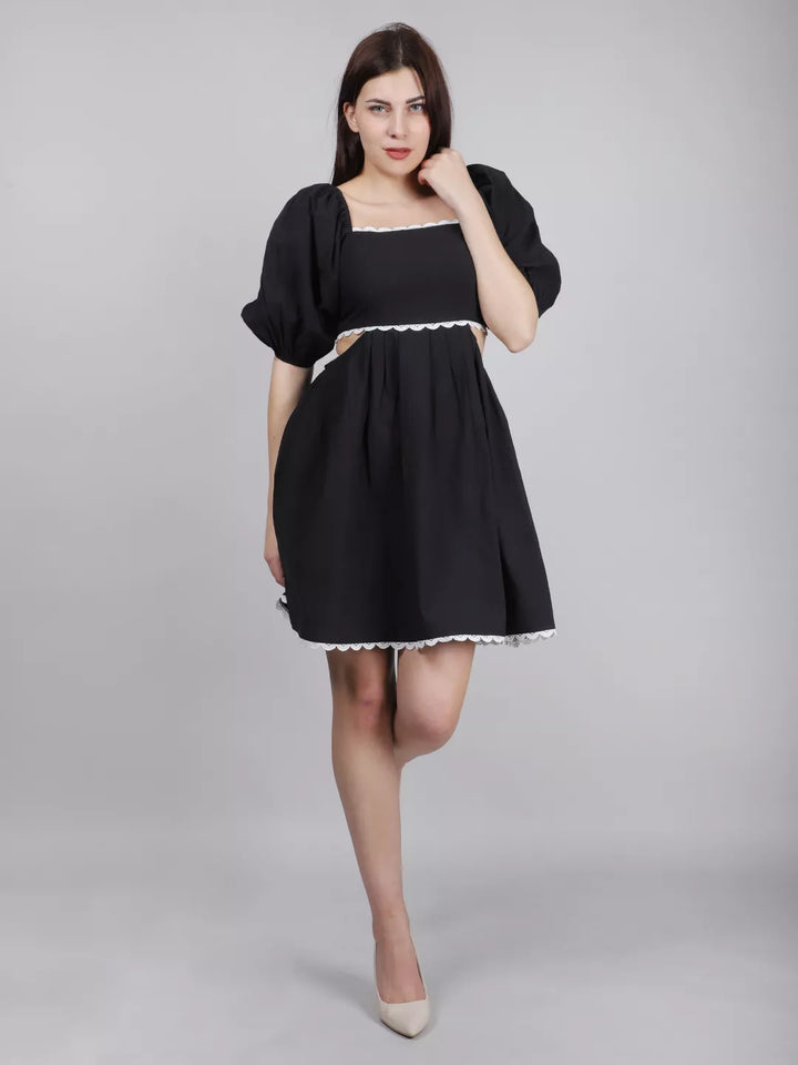 Black Waist Cut Out Lace Dress