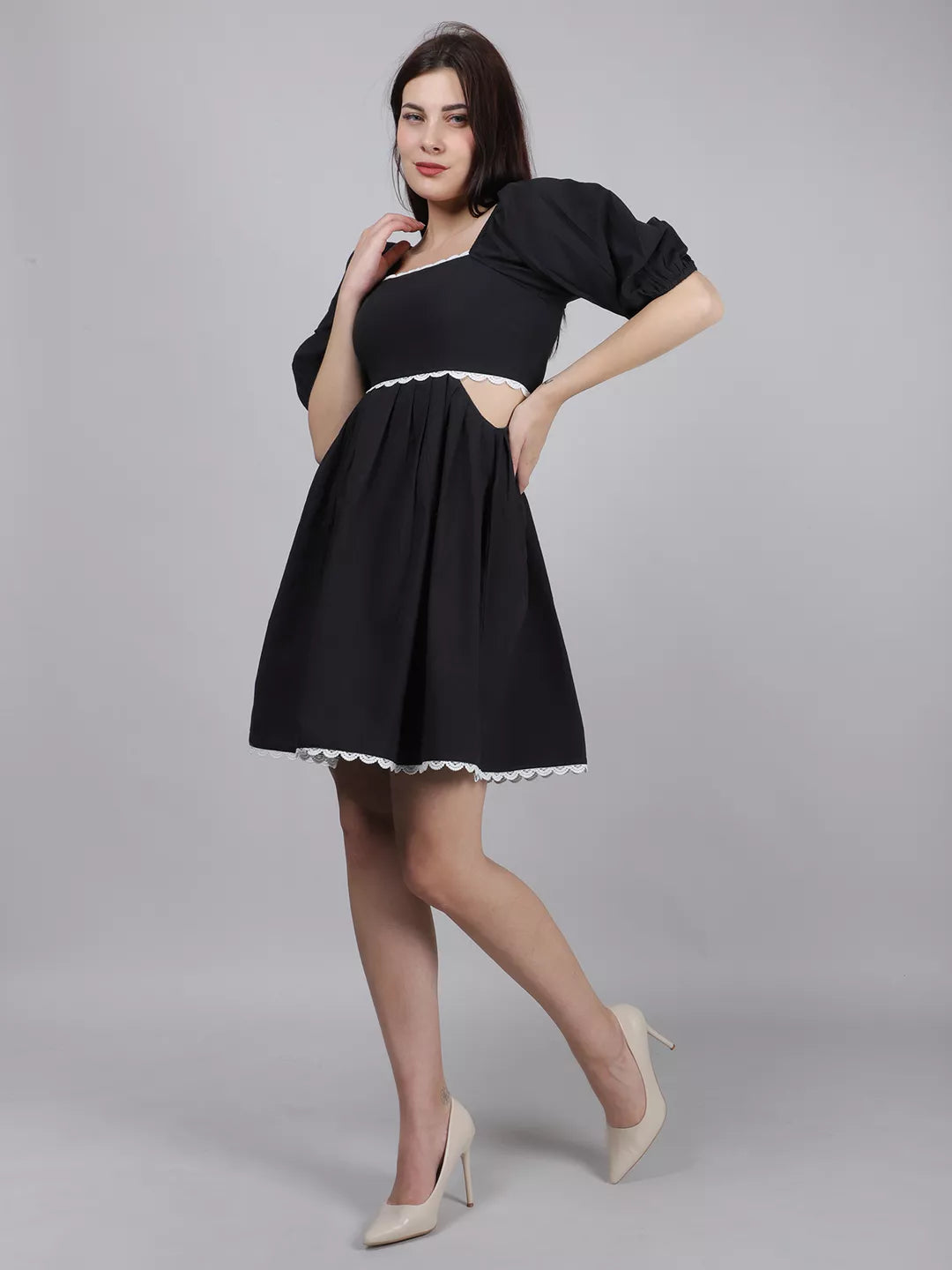 Black Waist Cut Out Lace Dress