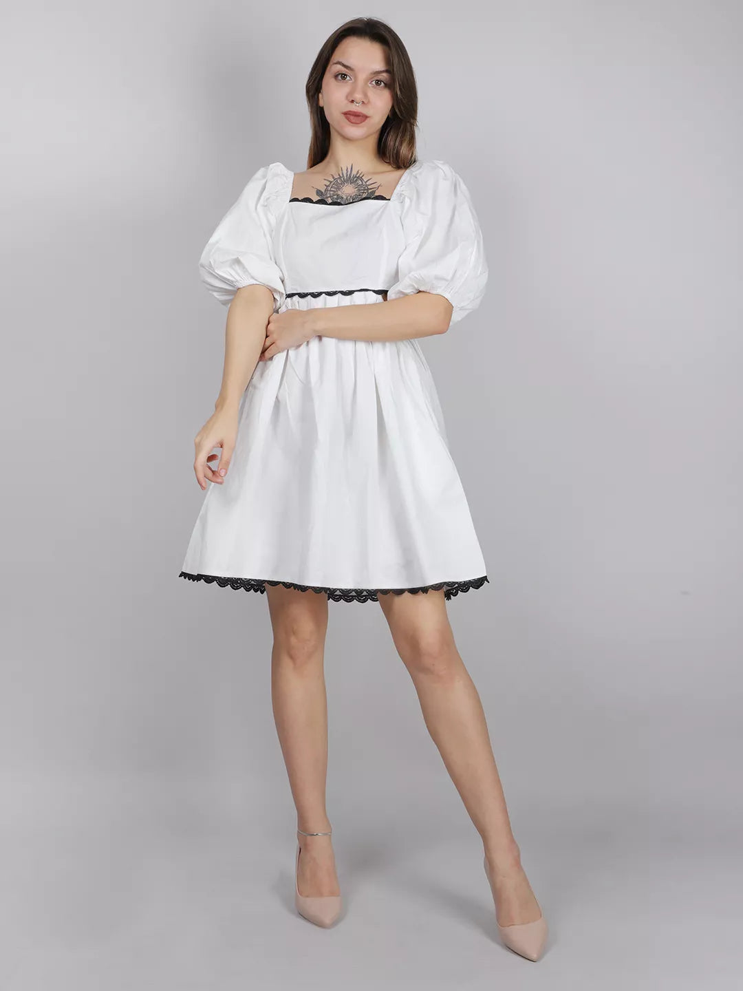 White Waist Cut Out Lace Dress