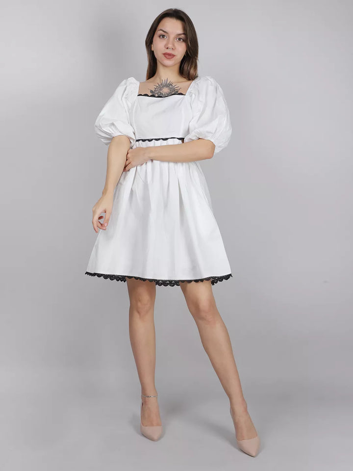 White Waist Cut Out Lace Dress