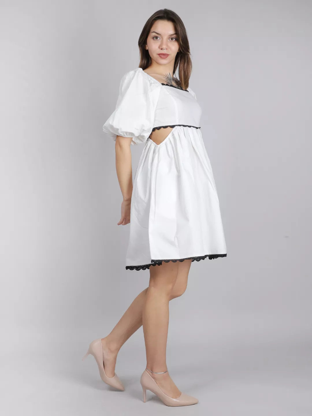 White Waist Cut Out Lace Dress