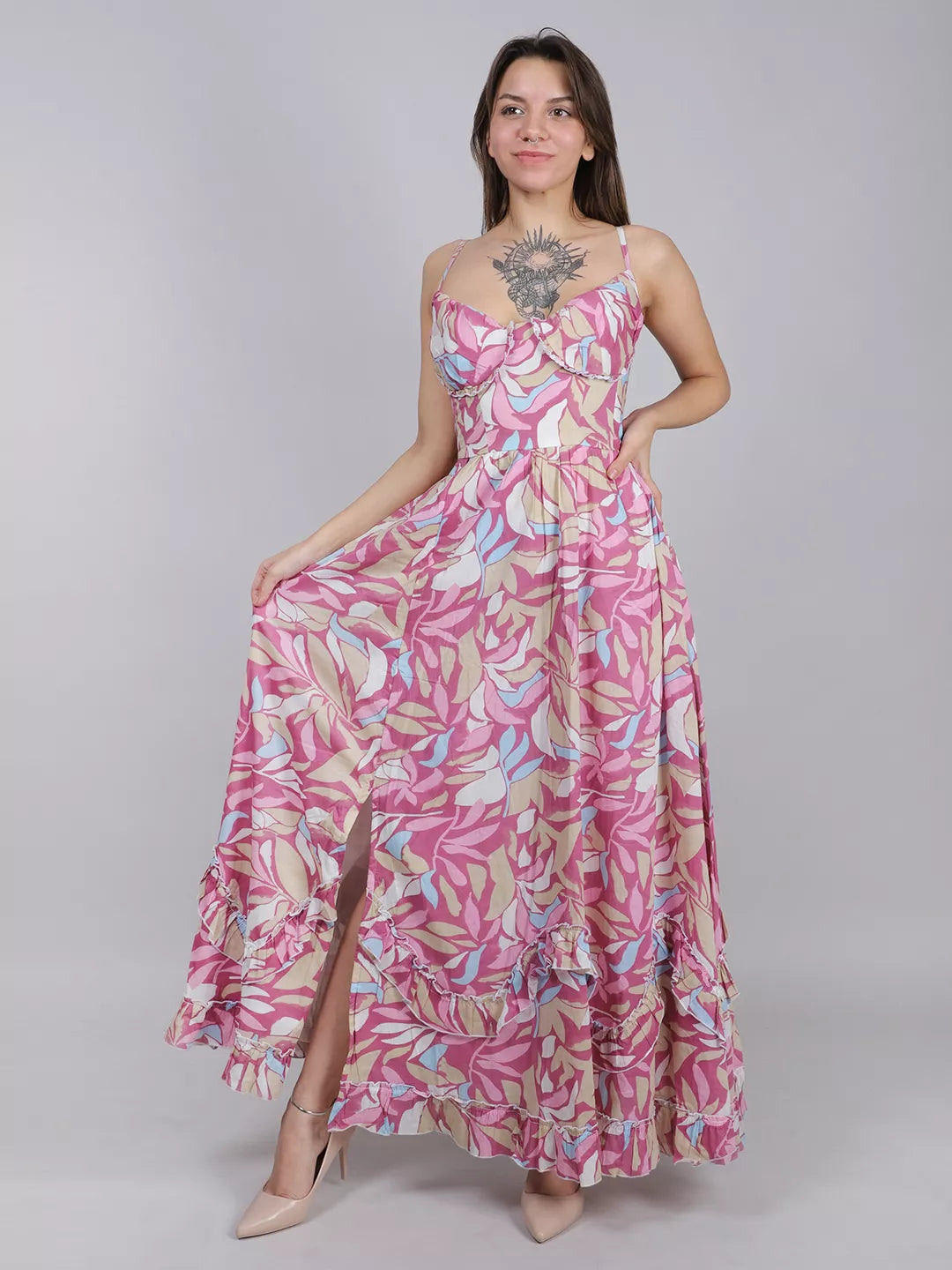Pink Print Floral Maxi Dress