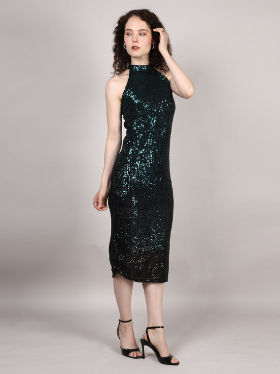 Black And Green Sequins Halter Neck Midi Dress