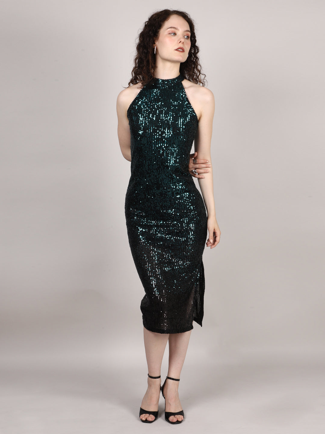 BLACK AND GREEN SEQUINS HALTER NECK MIDI DRESS
