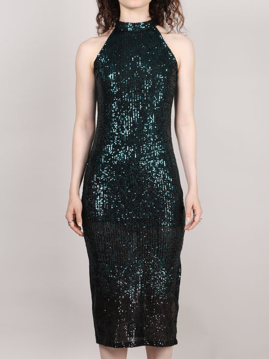 Black And Green Sequins Halter Neck Midi Dress