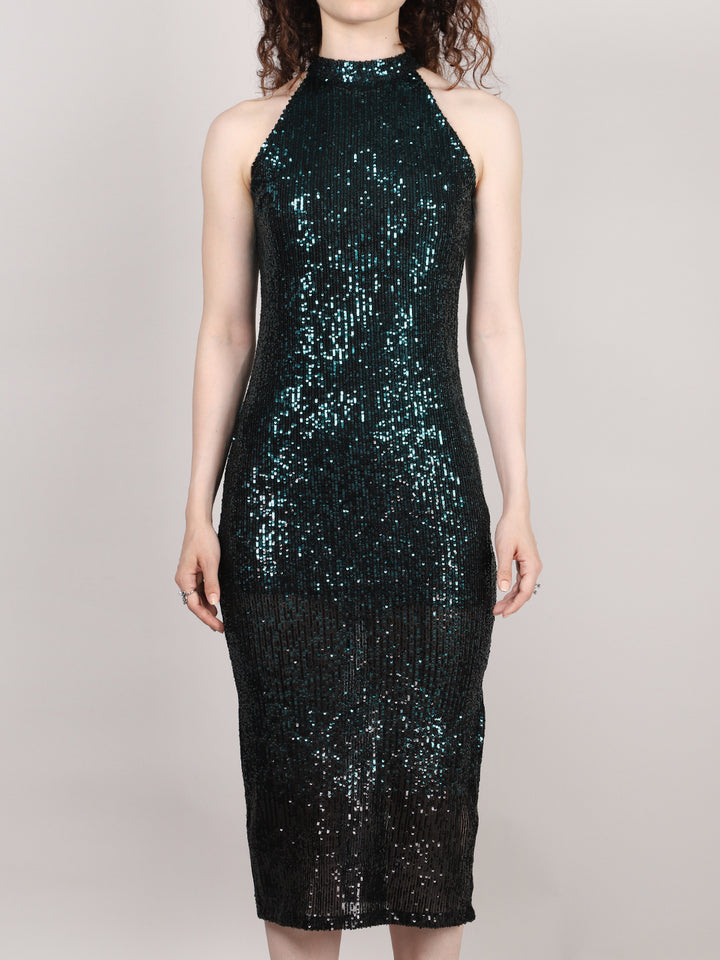 Black And Green Sequins Halter Neck Midi Dress