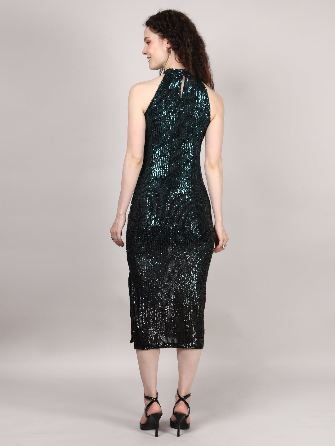 Black And Green Sequins Halter Neck Midi Dress