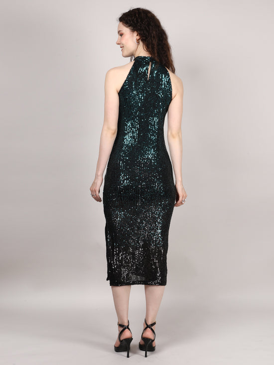Black And Green Sequins Halter Neck Midi Dress
